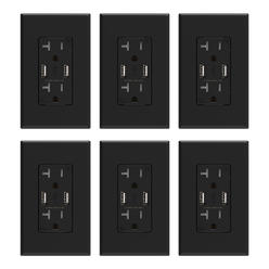 elegrp 6 Pack, Black,  4.0 Amp USB Type A Ports , 20 Amp Duplex Tamper Resistant Receptacle Plug,  Wall Plate Included