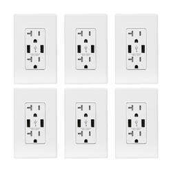 ELEGRP 25W 5 Amp Dual Type A  USB Wall Outlet, Smart Chip High Speed, UL Listed, Screwless Wall Plate Included (6 Pack, White)