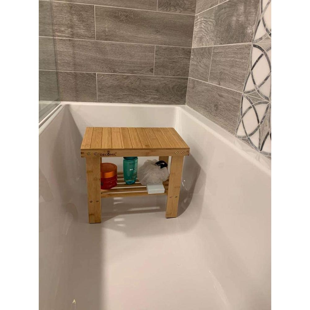 DECOMIL - Premium Bamboo Shower Bench & Shower Stool with Storage Shelf - Compact