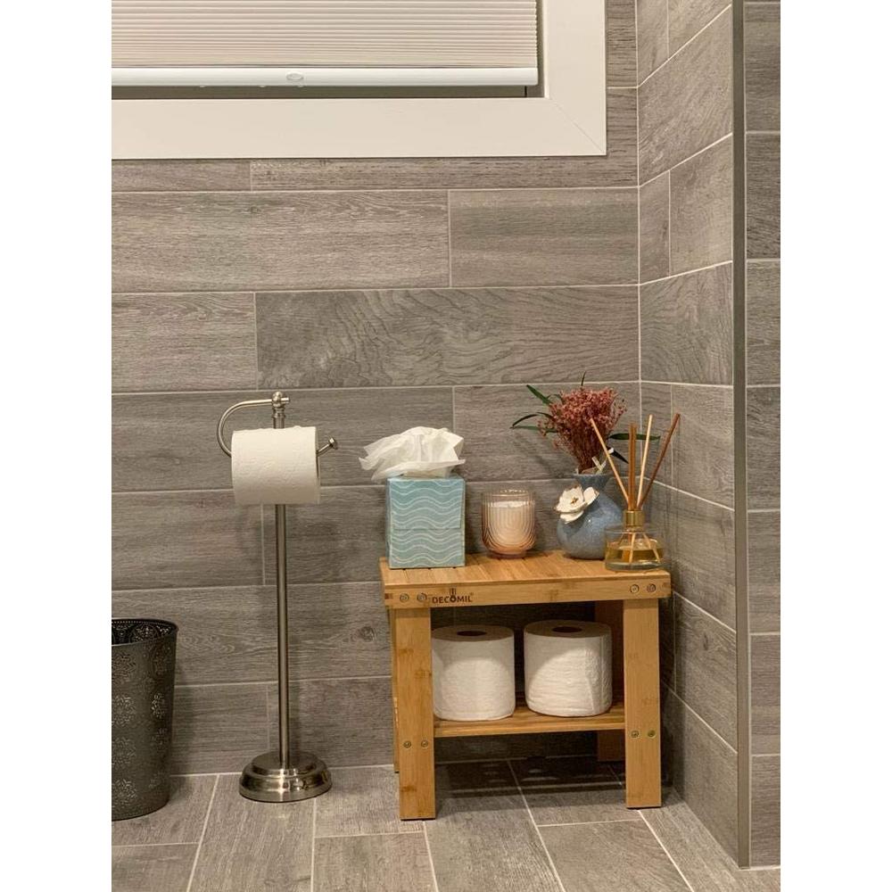DECOMIL - Premium Bamboo Shower Bench & Shower Stool with Storage Shelf - Compact