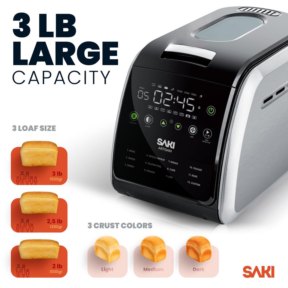 SAKI 3.3 LB Large Bread Machine, 12in1 Programmable XL Bread Maker