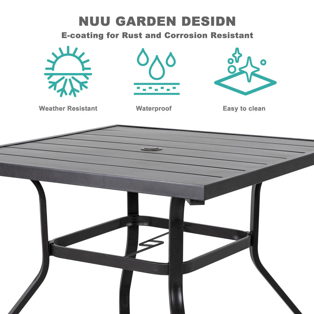 Nuu Garden Outdoor Patio Dining Table  Metal Steel Frame Square Desk  with 1.57 Inch Umbrella Hole Black