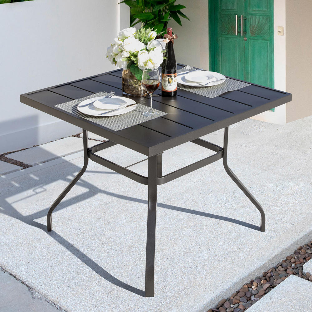Nuu Garden Outdoor Patio Dining Table  Metal Steel Frame Square Desk  with 1.57 Inch Umbrella Hole Black