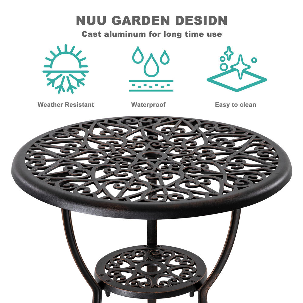 Nuu Garden 3-Piece Outdoor Bistro Set, Round 24 Inch Cast Aluminum Table with Umbrella Hole and 2 Cast Aluminum Armchairs