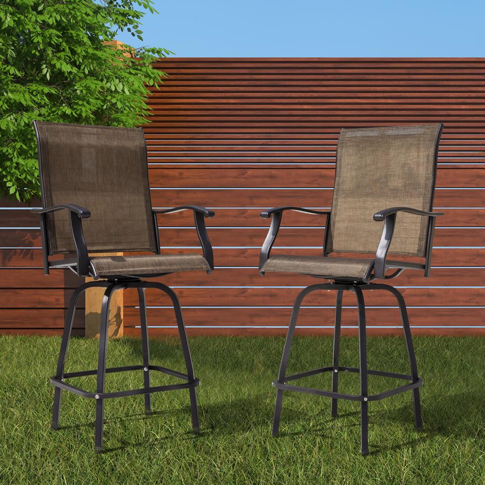 Nuu Garden Outdoor Patio Swivel Bar Stool Set of 2 Iron Bar Height Bistro Chairs with Armrests, All-Weather Textilene, Brown