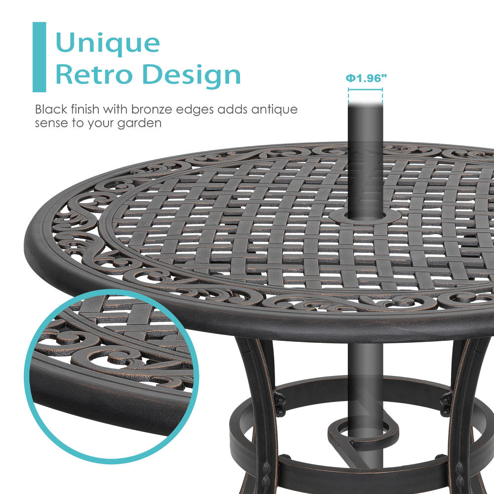 NUU GARDEN 36 Inch Cast Aluminum Patio Table with Umbrella Hole, Indoor Outdoor Round Patio Bistro Table