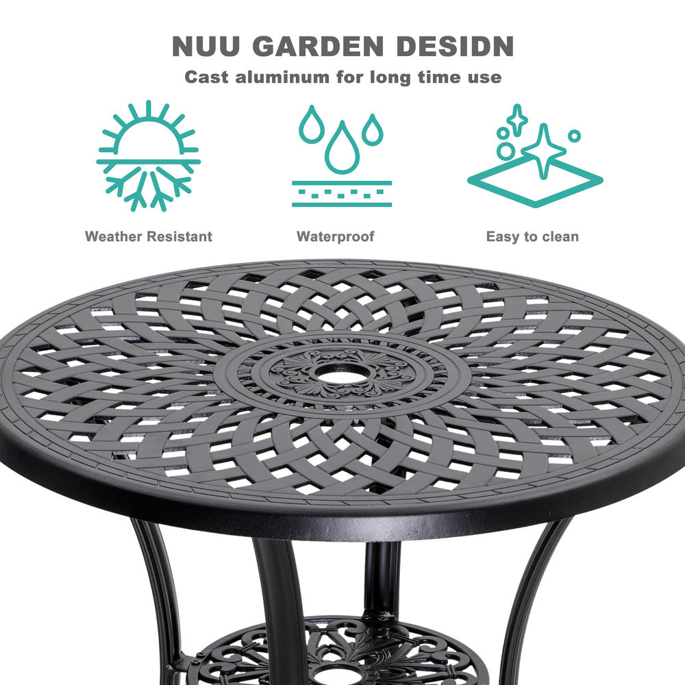 Nuu Garden Outdoor 31'' Round Cast Aluminum Bistro Table with 2.28'' Umbrella Hole, Black with Gold Speckles