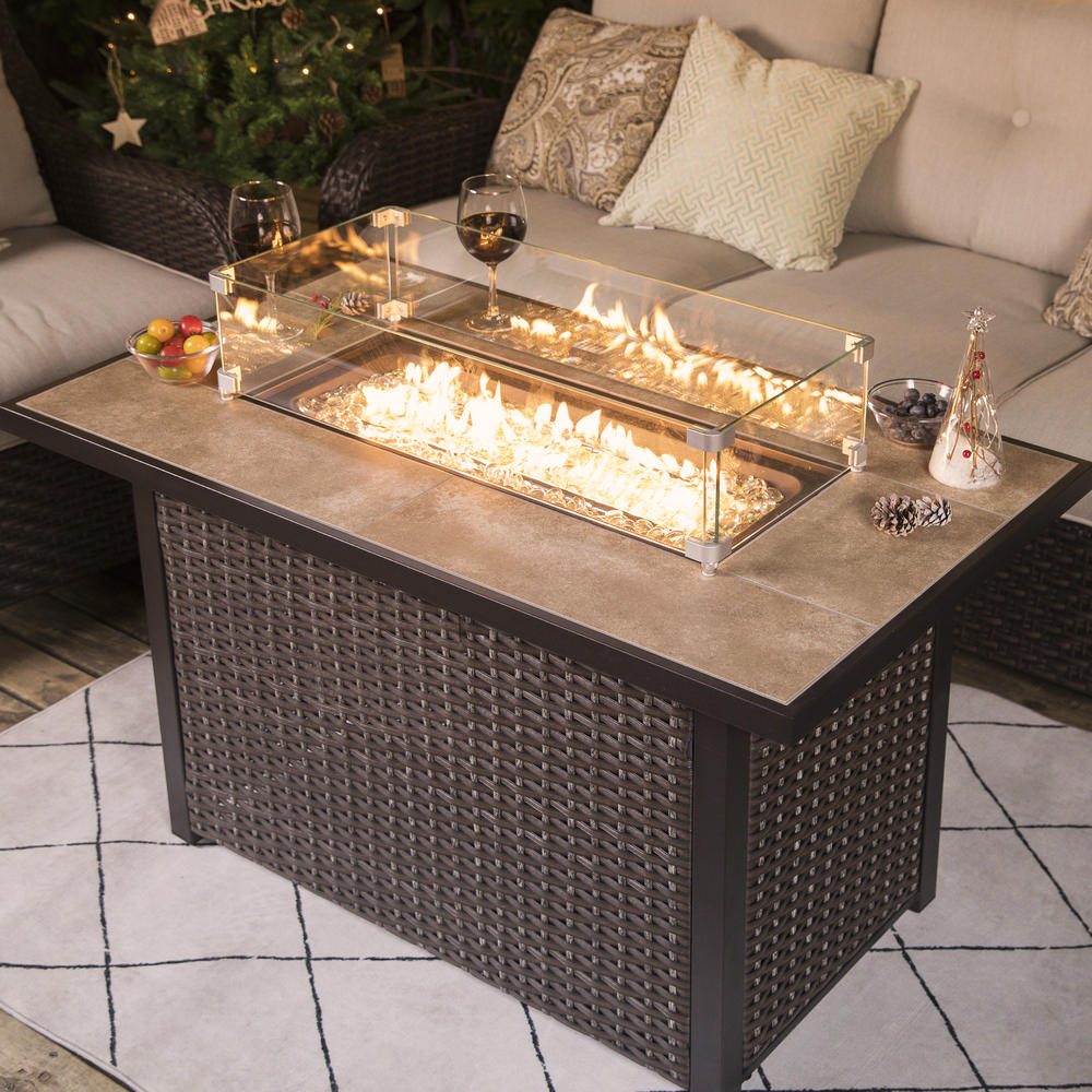 Nuu Garden Outdoor 43 Inch 50,000 BTU Propane Gas Fire Pit Table, with Oxford Cover, Glass Fire Pit Wind Guard,  Dark Brown