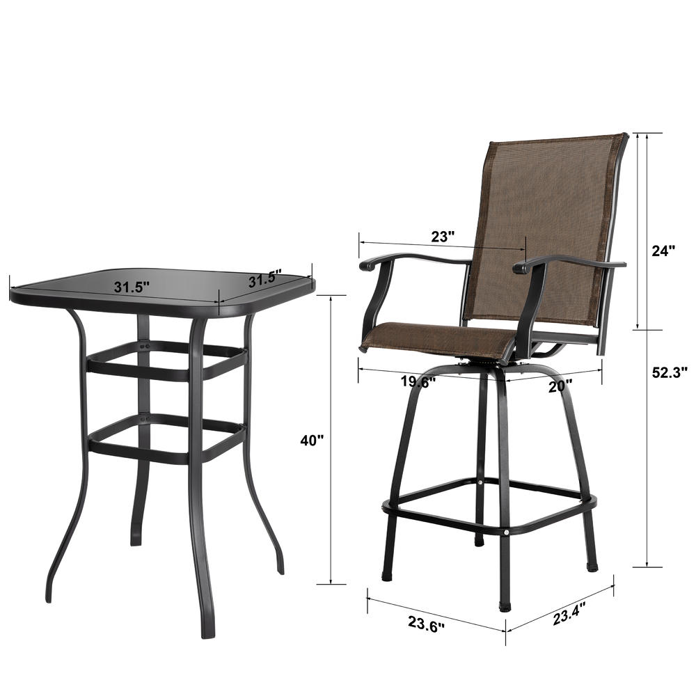 Nuu Garden 5-Piece Outdoor Patio Swivel Bar Set, 2 Steel All-Weather Textilene Bar Stools, 32-Inch Square Bar Height Glass Table