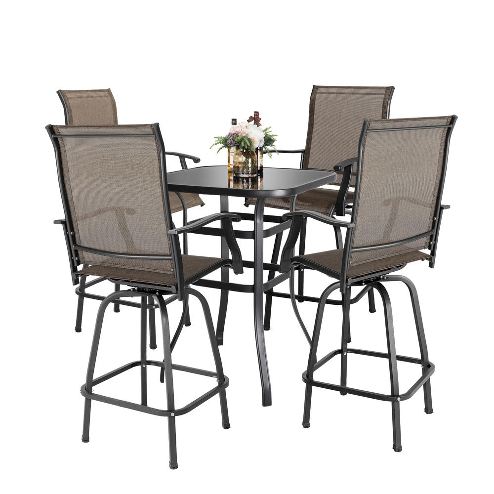 Nuu Garden 5-Piece Outdoor Patio Swivel Bar Set, 2 Steel All-Weather Textilene Bar Stools, 32-Inch Square Bar Height Glass Table