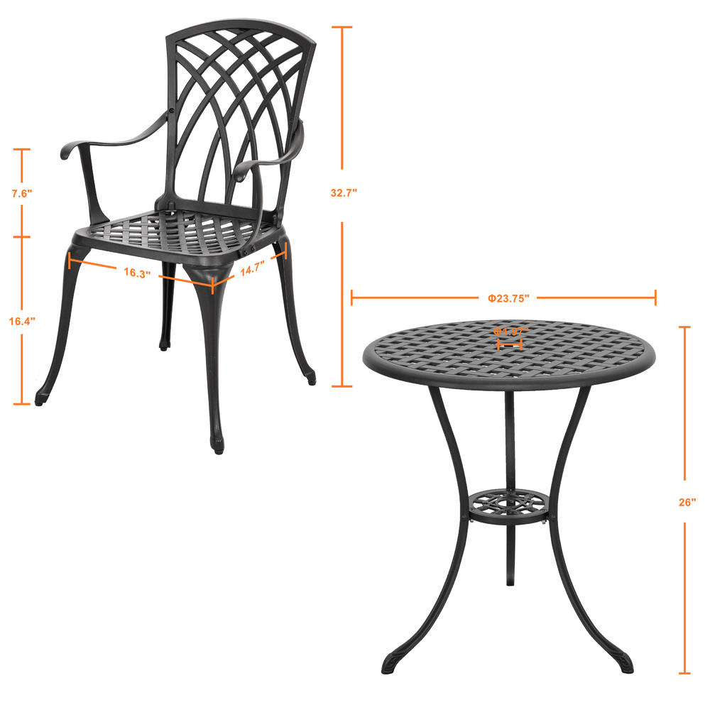 Nuu Garden 3-Piece Cast Aluminum Outdoor Bistro Set Patio Furniture Table Set Black