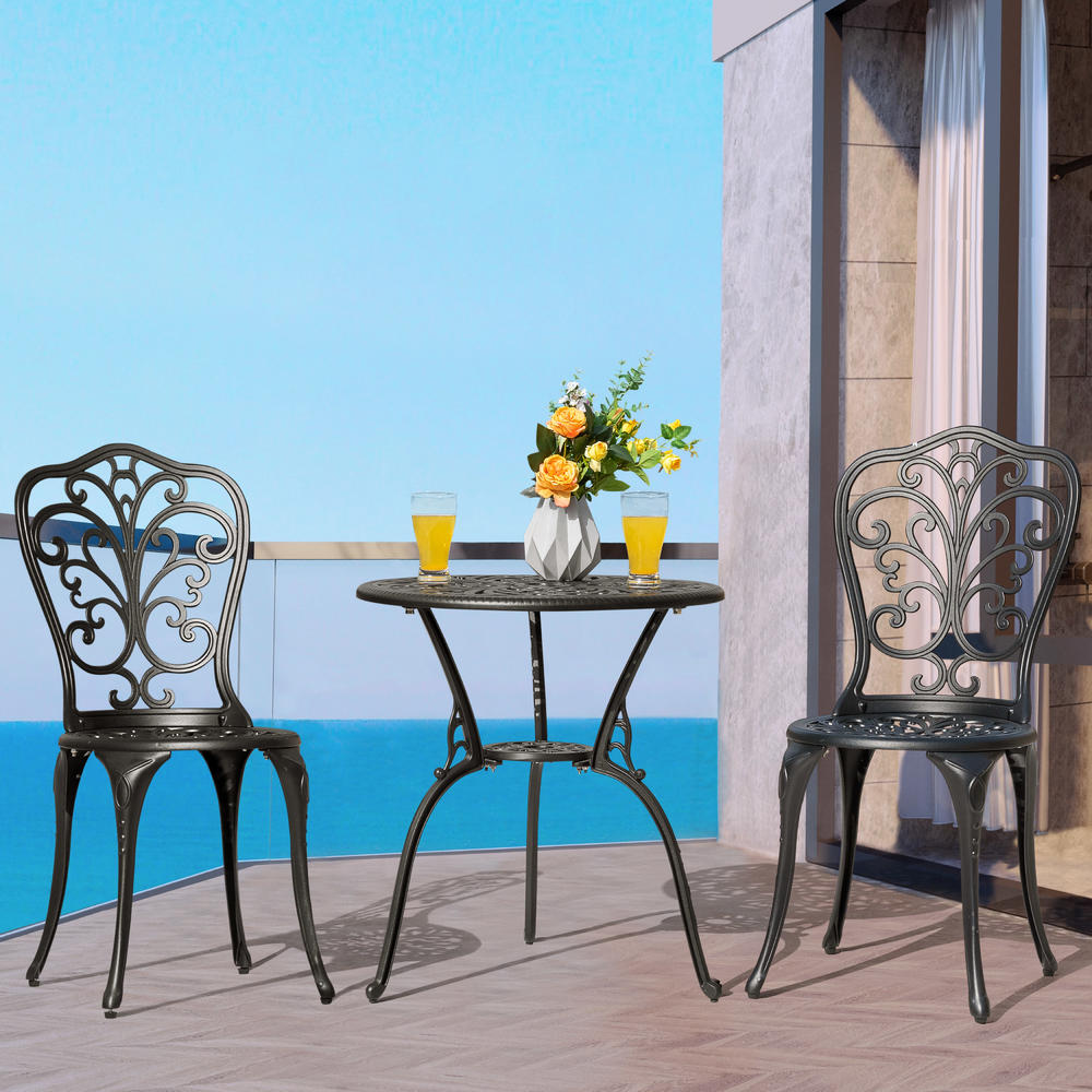 Nuu Garden 3-Piece Outdoor Bistro Set, Round 24 Inch Cast Aluminum Table with Umbrella Hole and 2 Cast Aluminum Armless Chairs