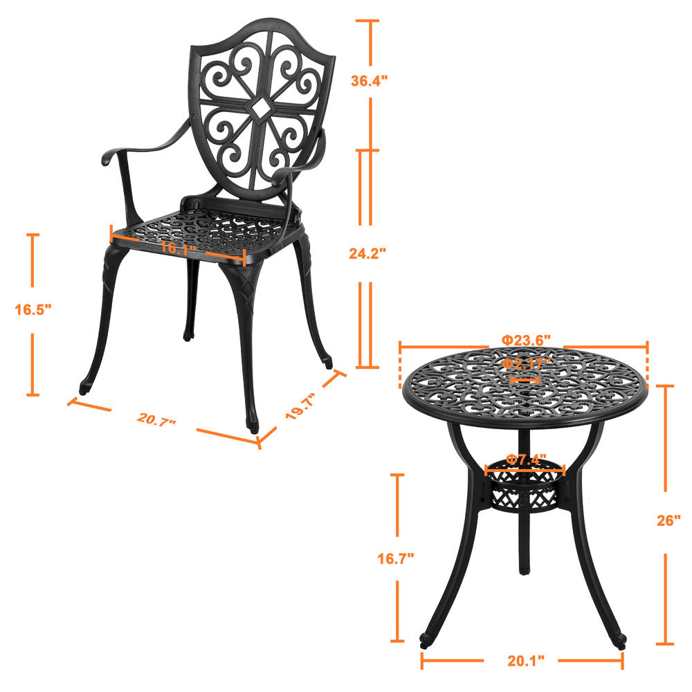 Nuu Garden 3-Piece Outdoor Bistro Set, Cast Aluminum Bistro Table with Umbrella Hole and 2 Cast Aluminum  Chairs, Black