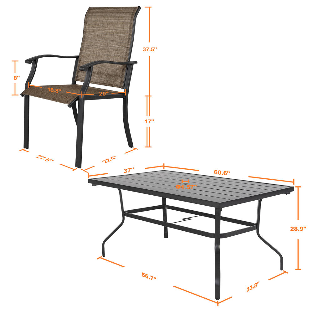 Nuu Garden Outdoor 7-Piece Iron Dining Set, 6 Textilene Dining Chairs and Rectangle Dining Table with Umbrella Hole