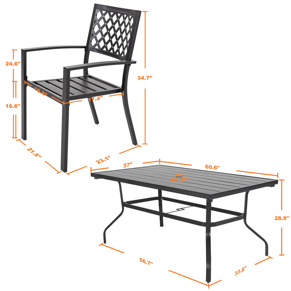 Nuu Garden Outdoor 7-Piece Powder-coated Iron Dining Set, 6 Chairs and Rectangle Dining Table, Black with Gold Speckles