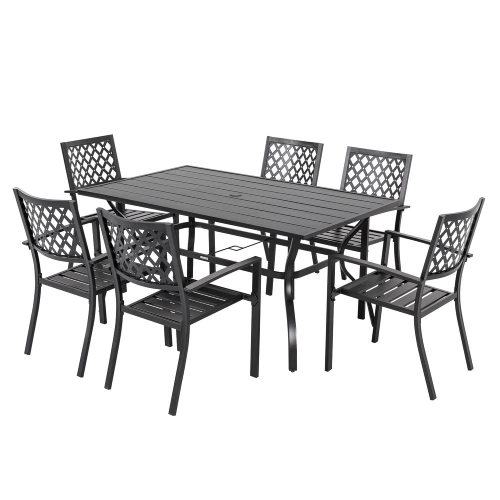 Nuu Garden Outdoor 7-Piece Powder-coated Iron Dining Set, 6 Chairs and Rectangle Dining Table, Black with Gold Speckles
