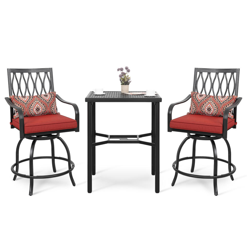 Nuu Garden Outdoor Bistro Patio Steel Set of 3 with Swivel Chairs, Cushions, Pillows, Bistro Table with Umbrella Hole