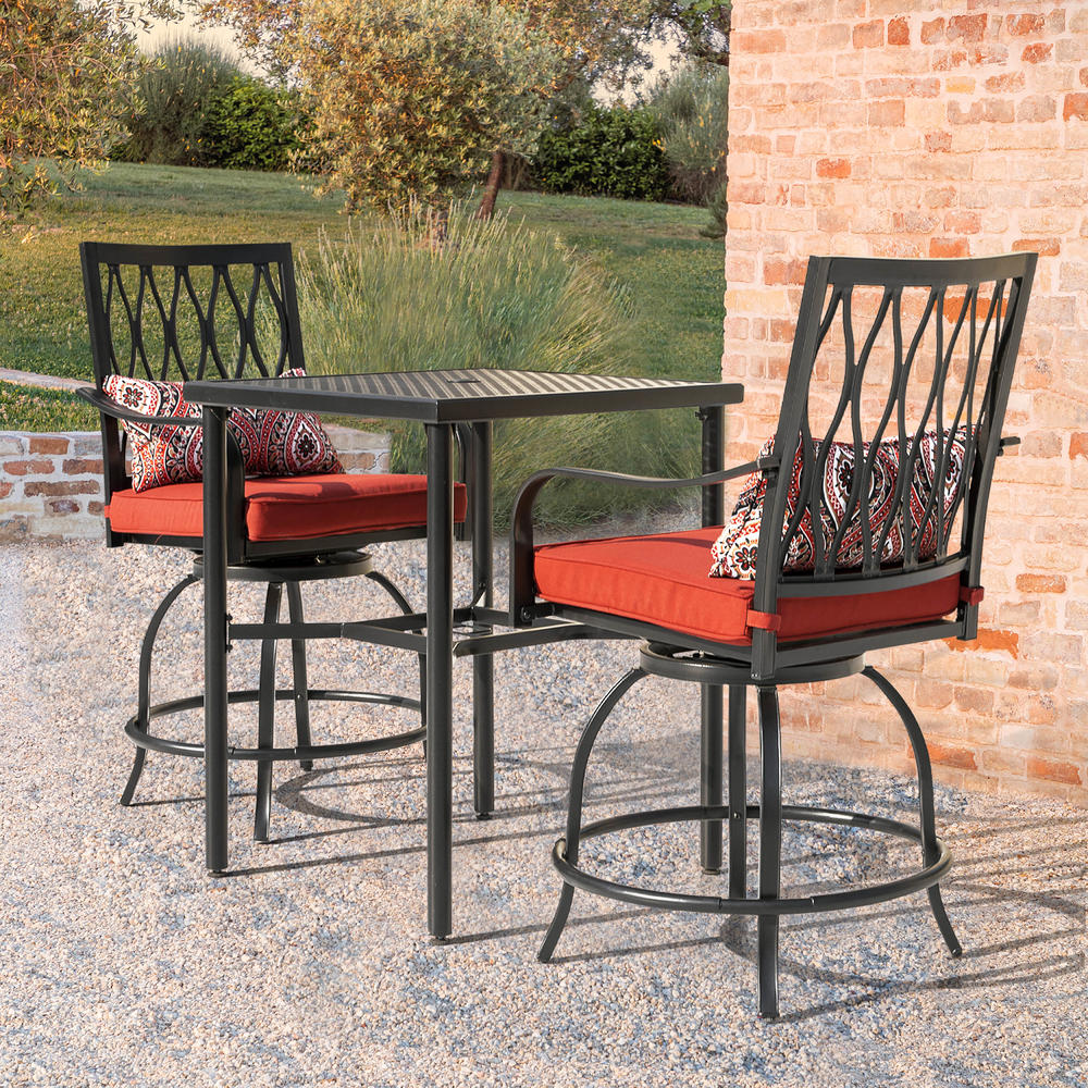 Nuu Garden Outdoor Bistro Patio Steel Set of 3 with Swivel Chairs, Cushions, Pillows, Bistro Table with Umbrella Hole