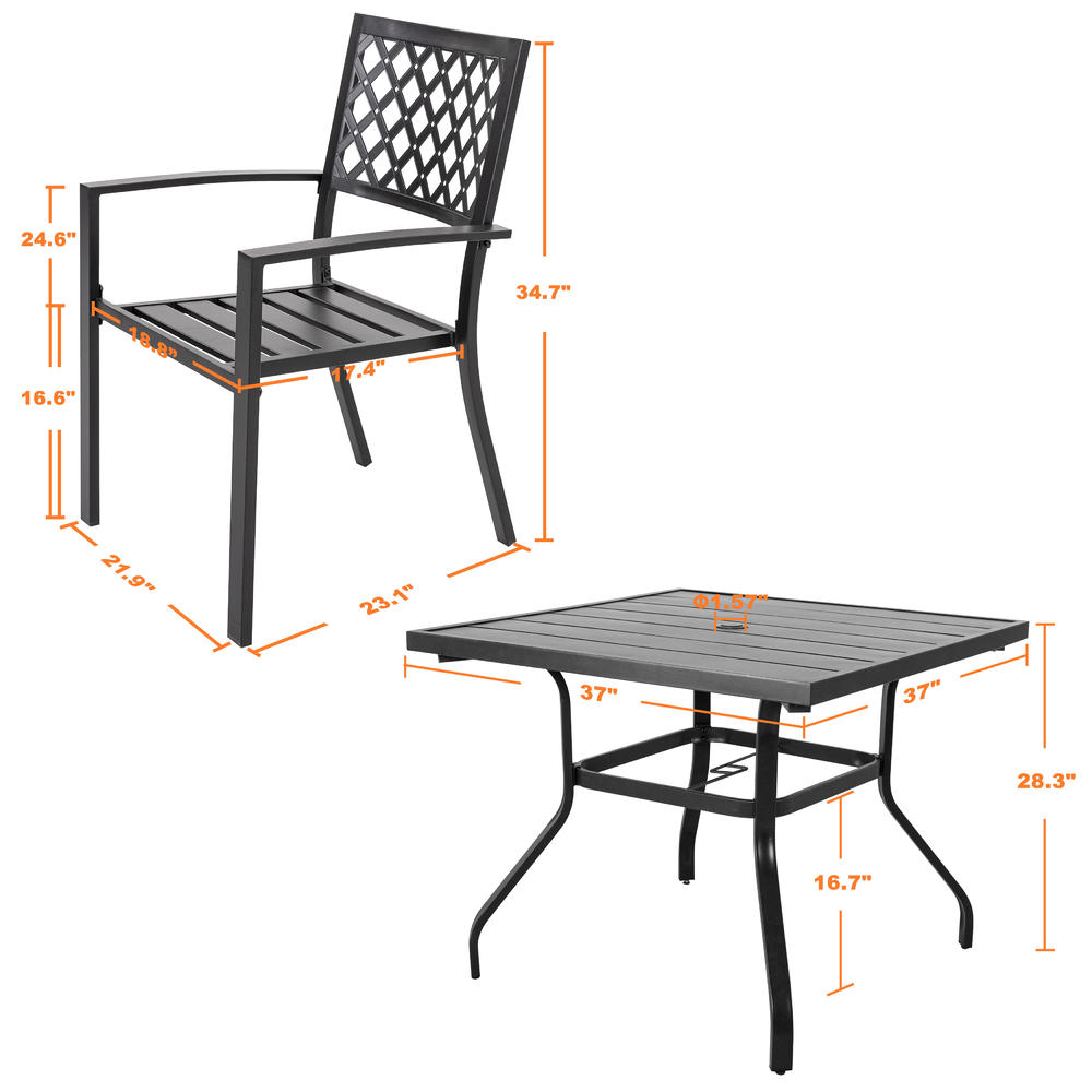 Nuu Garden 5 Piece Metal Patio Armrest Dining Chairs and Larger Square Table Dining Set
