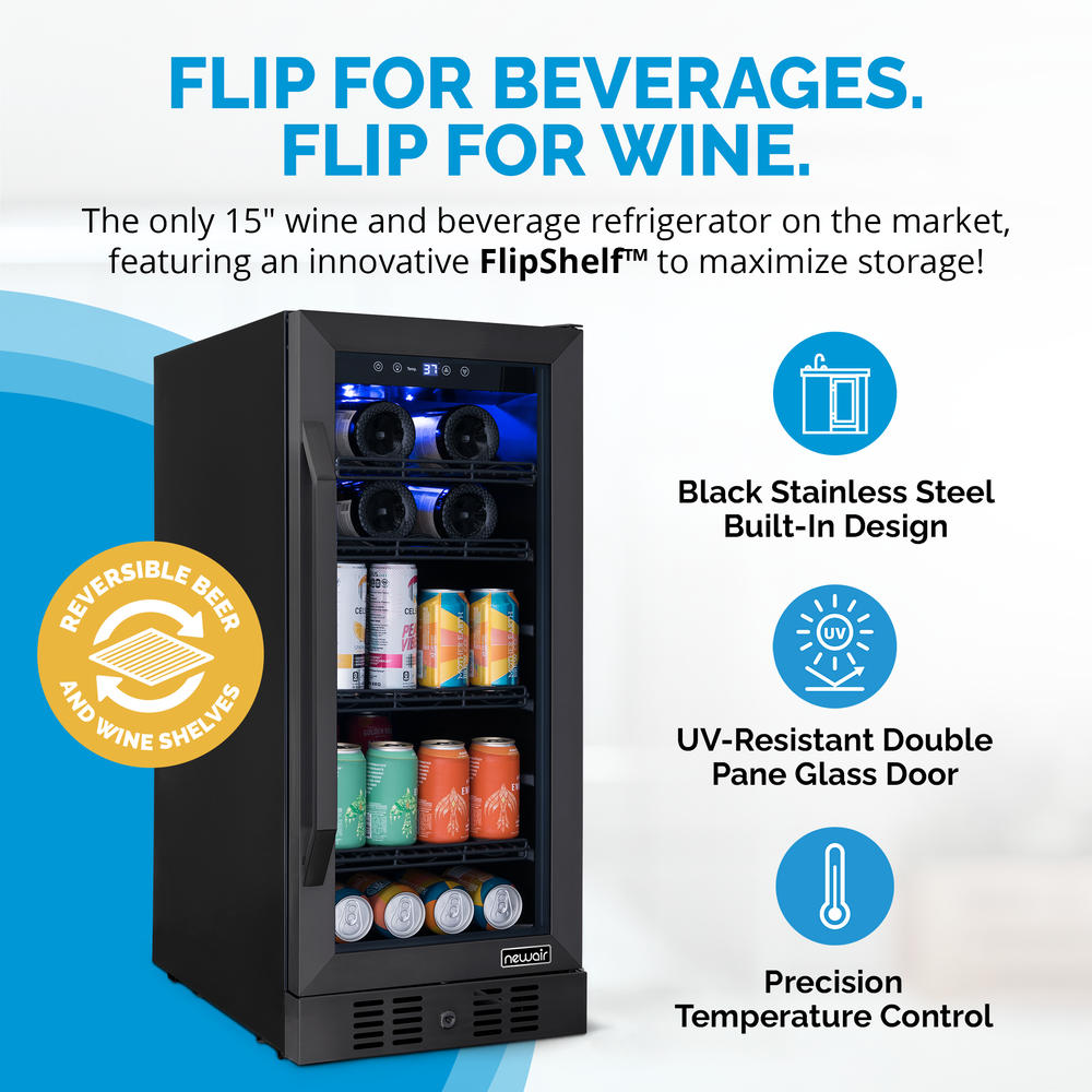 Newair 15" FlipShelf™ Wine and Beverage Refrigerator, Reversible Shelves Hold 80 Cans or 33 Bottles, Black Stainless Steel