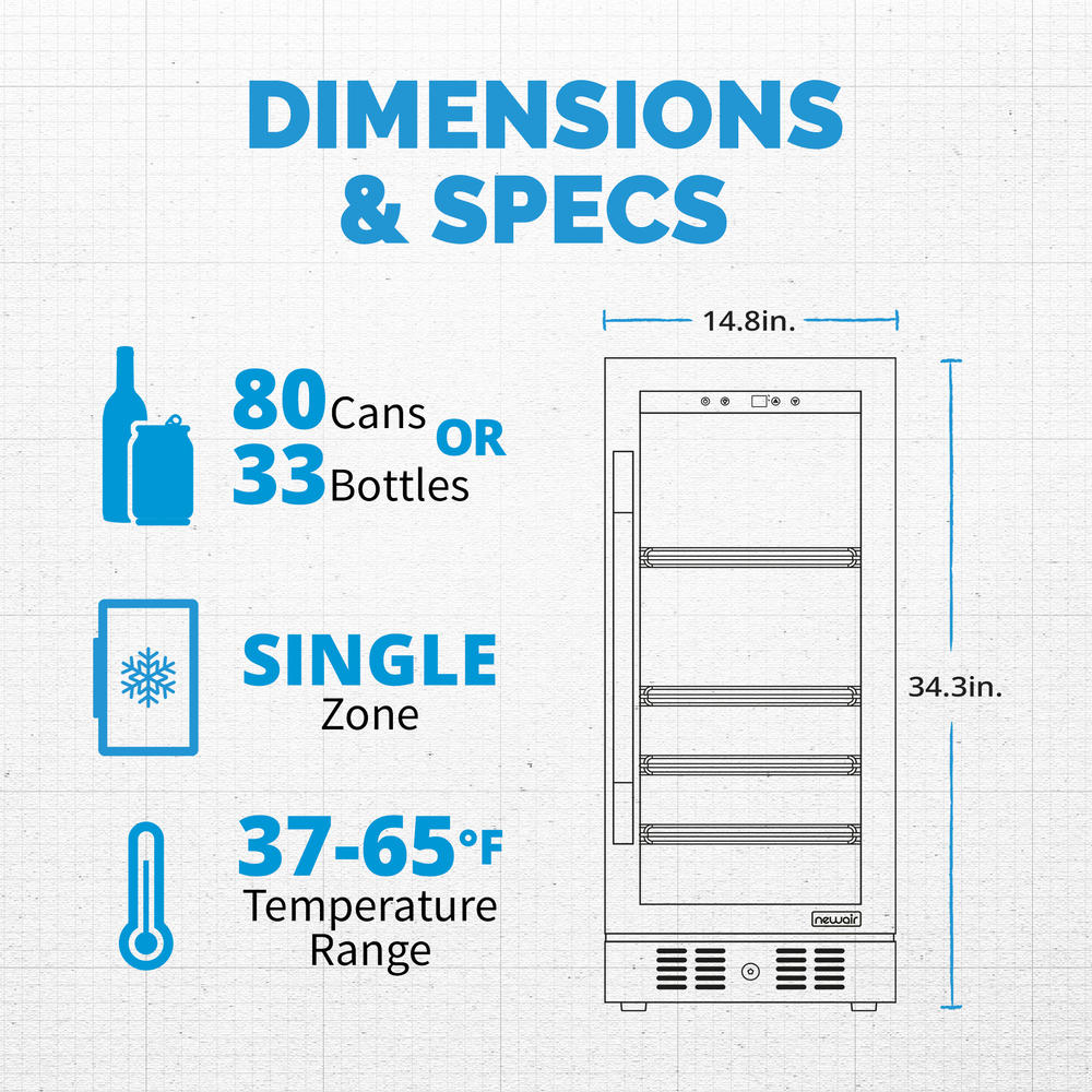 Newair 15" FlipShelf™ Wine and Beverage Refrigerator, Reversible Shelves Hold 80 Cans or 33 Bottles, Black Stainless Steel