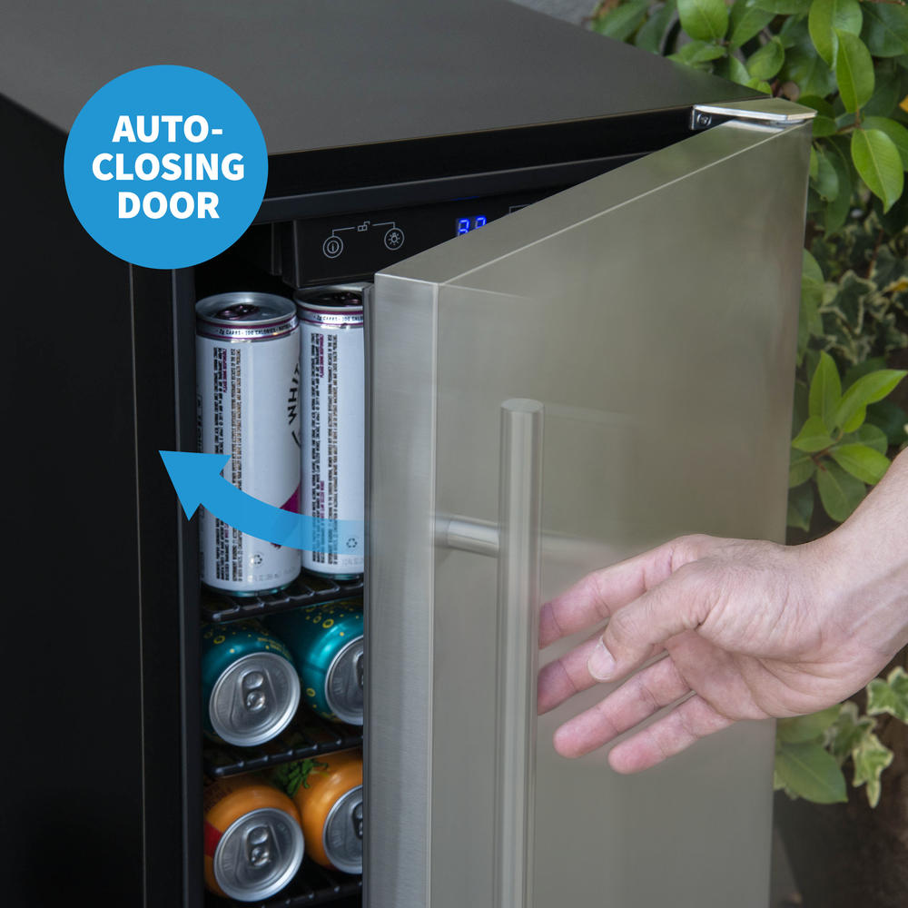 NewAir  15" Built-in 90 Can Outdoor Beverage Fridge in Weatherproof Stainless Steel with Auto-Closing Door and Easy Glide Casters 