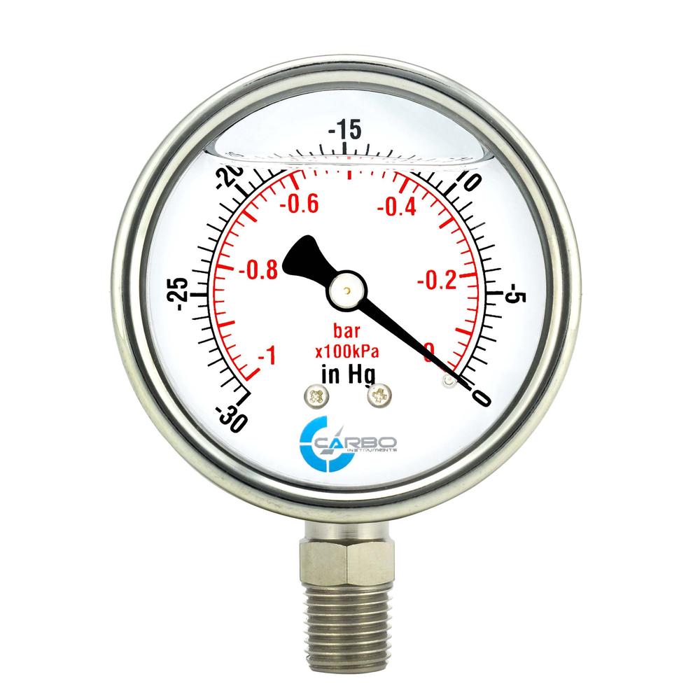 CARBO Instruments SS Pressure Gauge -30Hg/0 psi/kPa 2 1-2" Liquid Filled Water Air Oil Gas Gauge Low Conn 1/4"NPT