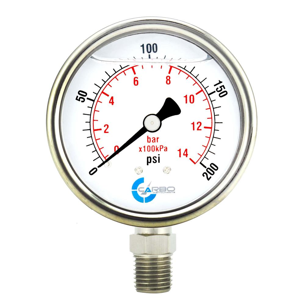 CARBO Instruments SS Pressure Gauge Dual Display 0-200 psi/kPa 2 1-2" Liquid Filled Water Air Oil Gas Gauge Low Conn 1/4"NPT
