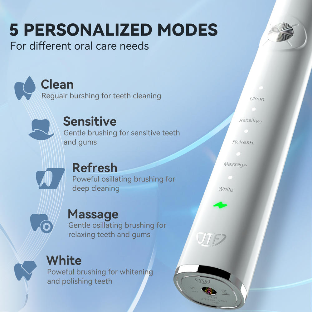 JTF Sonic Electric Toothbrush-Adults with 6 Brush Heads and Travel Case, Long Lasting
