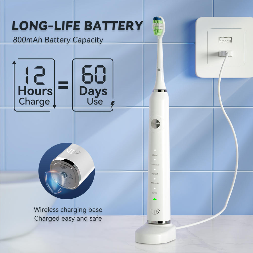 JTF Sonic Electric Toothbrush-Adults with 6 Brush Heads and Travel Case, Long Lasting