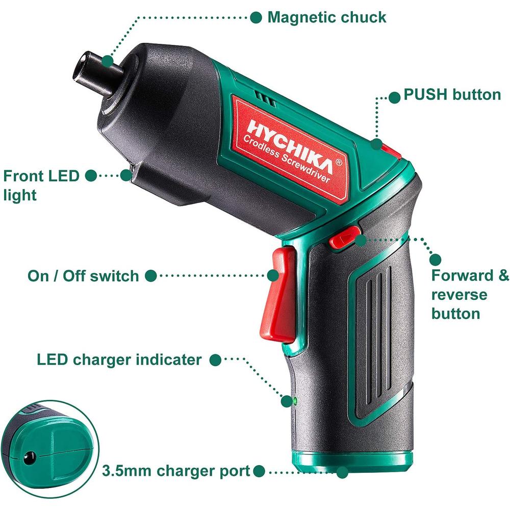 HYCHIKA 3.6-Volt Lithium-Ion Cordless Rechargeable 1/4 in. Quick Connect Electric Screwdriver with Charger and 20 Accessories