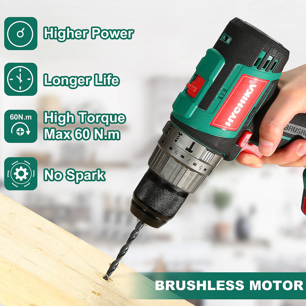 HYCHIKA 20V Max Cordless Drill, 2.0Ah Brushless Drill Max Torque 530 In-lbs, 20 Pcs Accessories