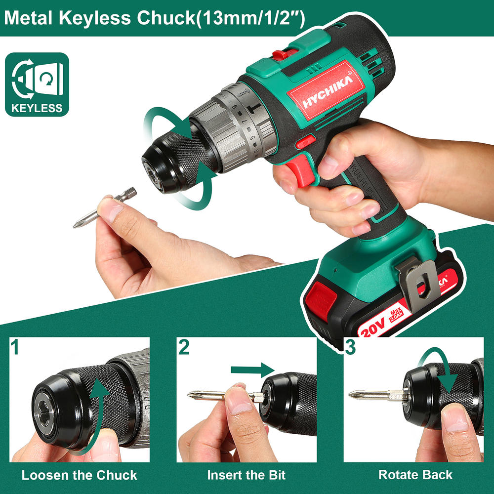 HYCHIKA 20V Max Cordless Drill, 2.0Ah Brushless Drill Max Torque 530 In-lbs, 20 Pcs Accessories