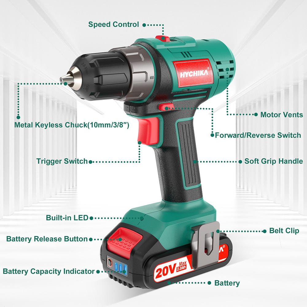 HYCHIKA 20V Cordless Drill Driver Kit, 330 In-lb Torque Power Drill, 2 Gears Variable Speed Built-in LED light