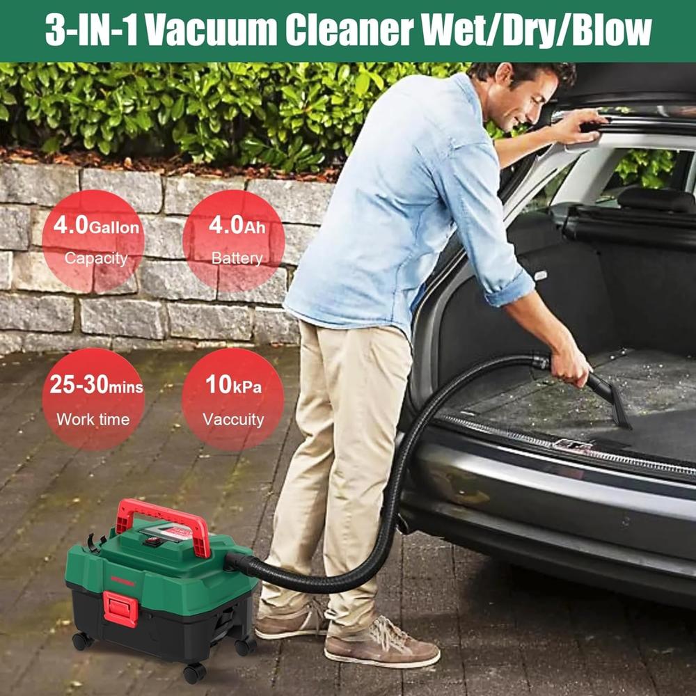 HYCHIKA 18V Cordless Shop Wet Dry vacuums, 4 Gallon Wet and Dry Vacuum Cleaner with Blower, Portable Cordless Vac with 4.0Ah Bat