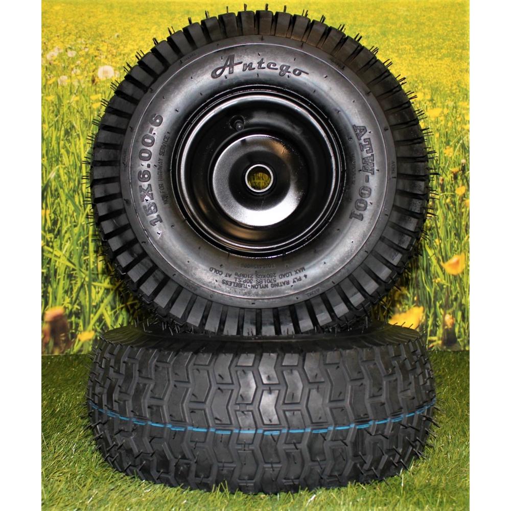 Antego Tire & Wheel (Set of 2) Matte Black Universal Fit 15x6.00-6 Tires & Wheels 4 Ply for Lawn & Garden Mower Turf Tires .75" Bearing