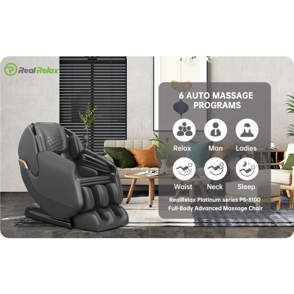 Real Relax Full Body Zero Gravity SL Track Shiatsu Massage Recliner Chair Shortcut Key Body Scan Heat Foot Roller, PS3100 Black