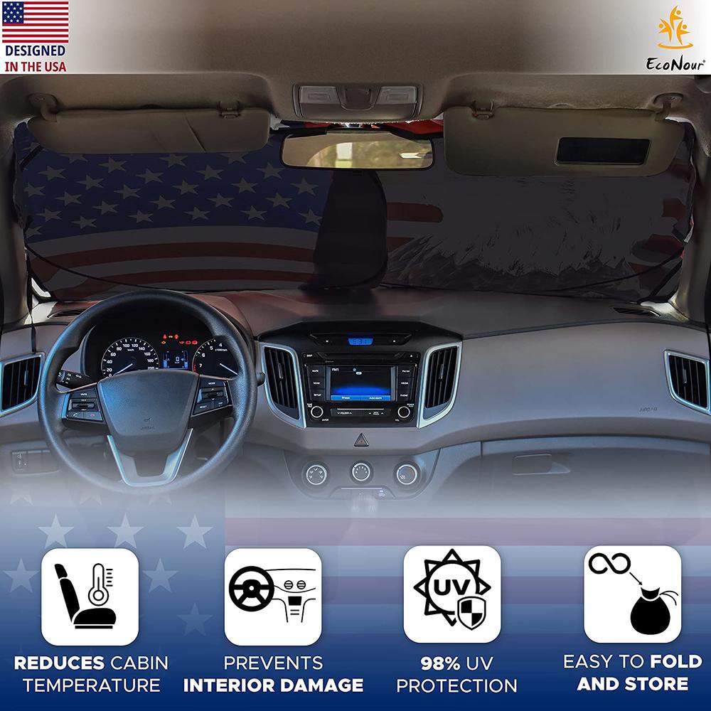 EcoNour American Flag Windshield Sun Shade for Car (64" x 32") | Sun Visor for Car Windshield.