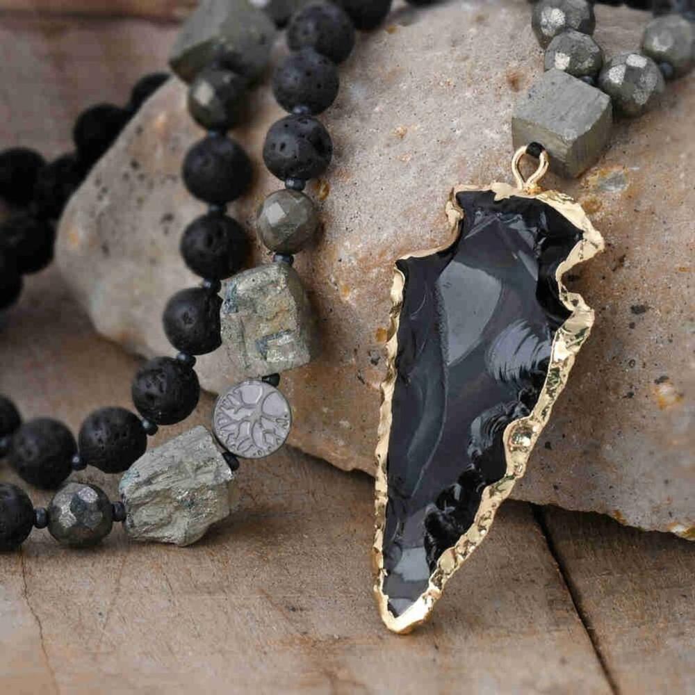 Stock Preferred Lava Obsidian Arrowhead Talisman Necklace