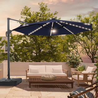 Sonerlic SM-LED130BL FLAMEu0026SHADE 11ft LED Outdoor Offset Round Patio  Umbrella with Base and Aluminum Frame,for Garden,Poolside and Market,Blue
