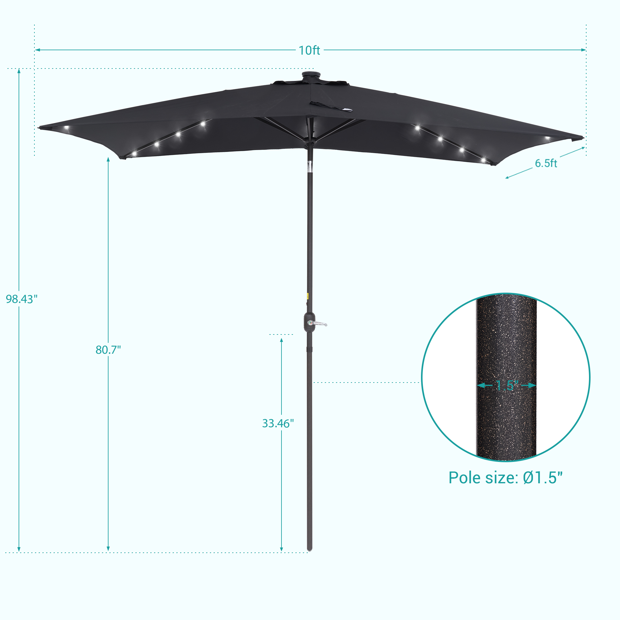 Sonerlic 10x 6.5ft LED Outdoor Patio Rectangular Market Table Umbrella with Steel Frame for Yard, Poolside and Deck,Black