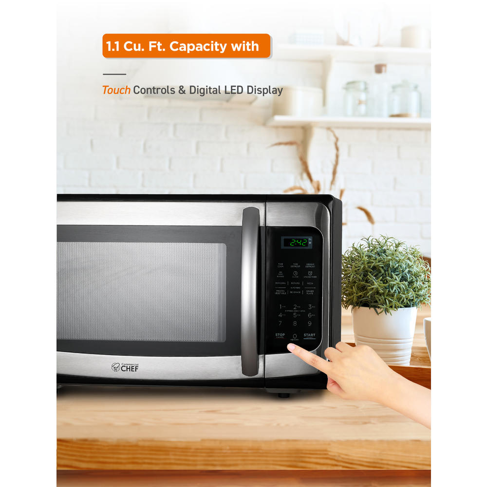 Commercial Chef 1000W Countertop Microwave Oven, 1.1 Cu. Ft., Stainless Steel, CHM11MS