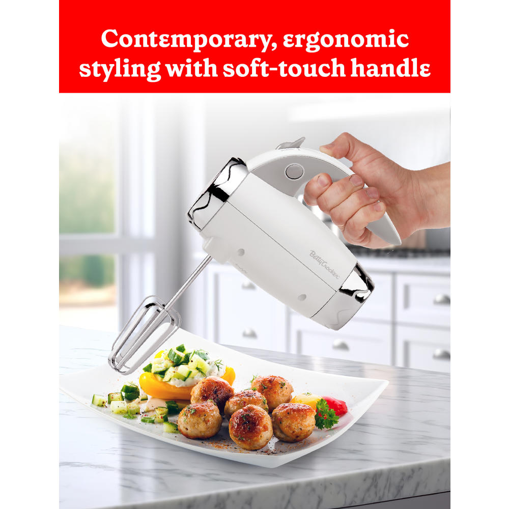 Betty Crocker 7 Speed Electric Hand Mixer with Stand and Soft Touch Handle, White