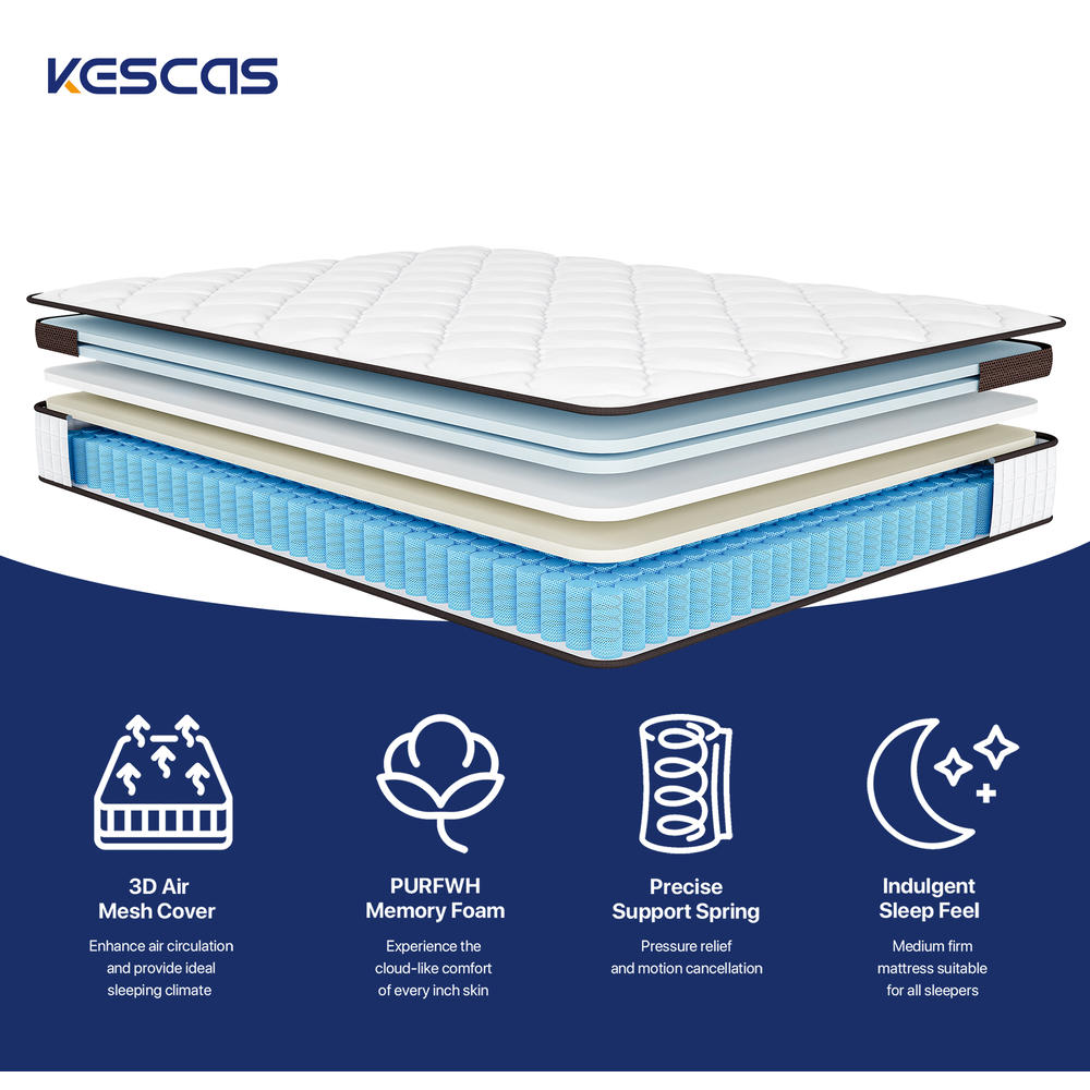 Kescas 8 inch Twin Full Queen Size Mattress Hybrid Foam Pocket Coils In a Box
