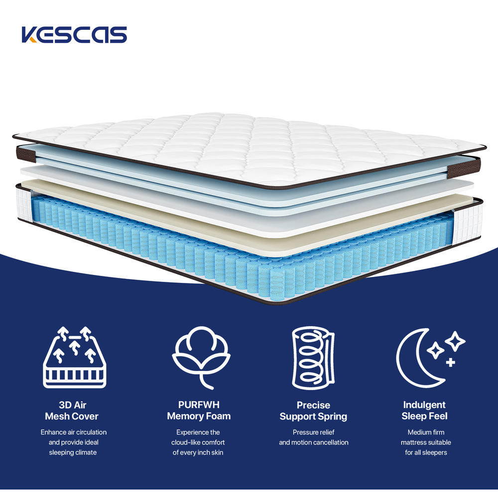 Kescas 12" Hybrid Mattress Memory Foam Pocket Coils - Twin/ Twin XL/ Full/ Queen/ King/ Size Mattress - In a Box