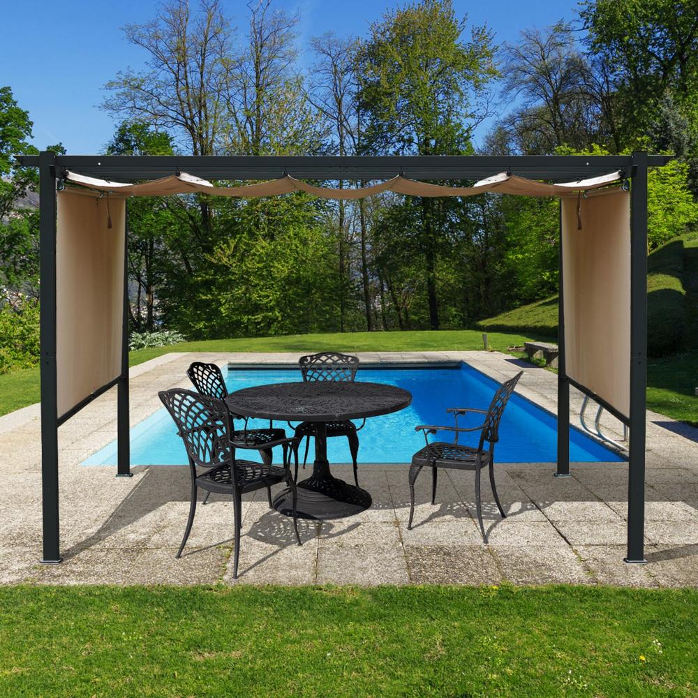 Aoodor 12 x 12 FT Outdoor Pergola with Retractable Shade Canopy, Dark Gray Matte Aluminum Frame - Brown