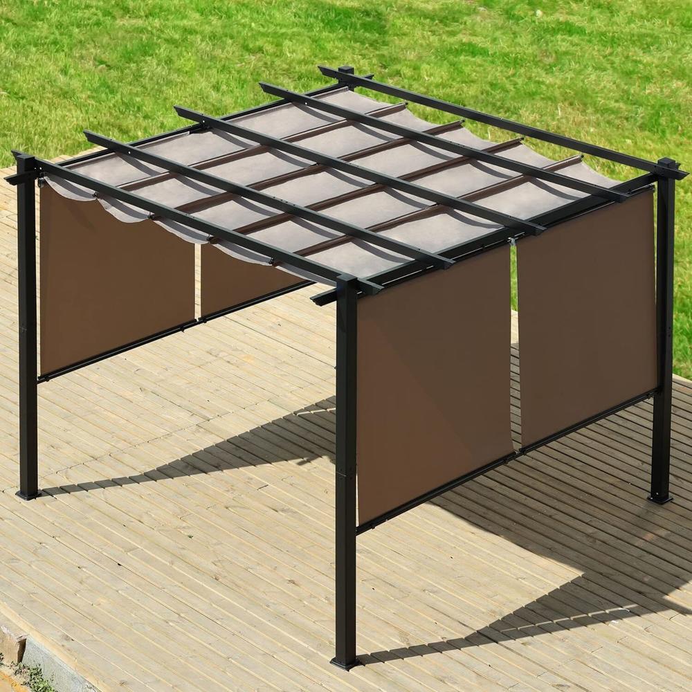 Aoodor 10 x 10 FT Outdoor Pergola with Retractable Shade Canopy, Dark Gray Matte Aluminum Frame-Dark Brown