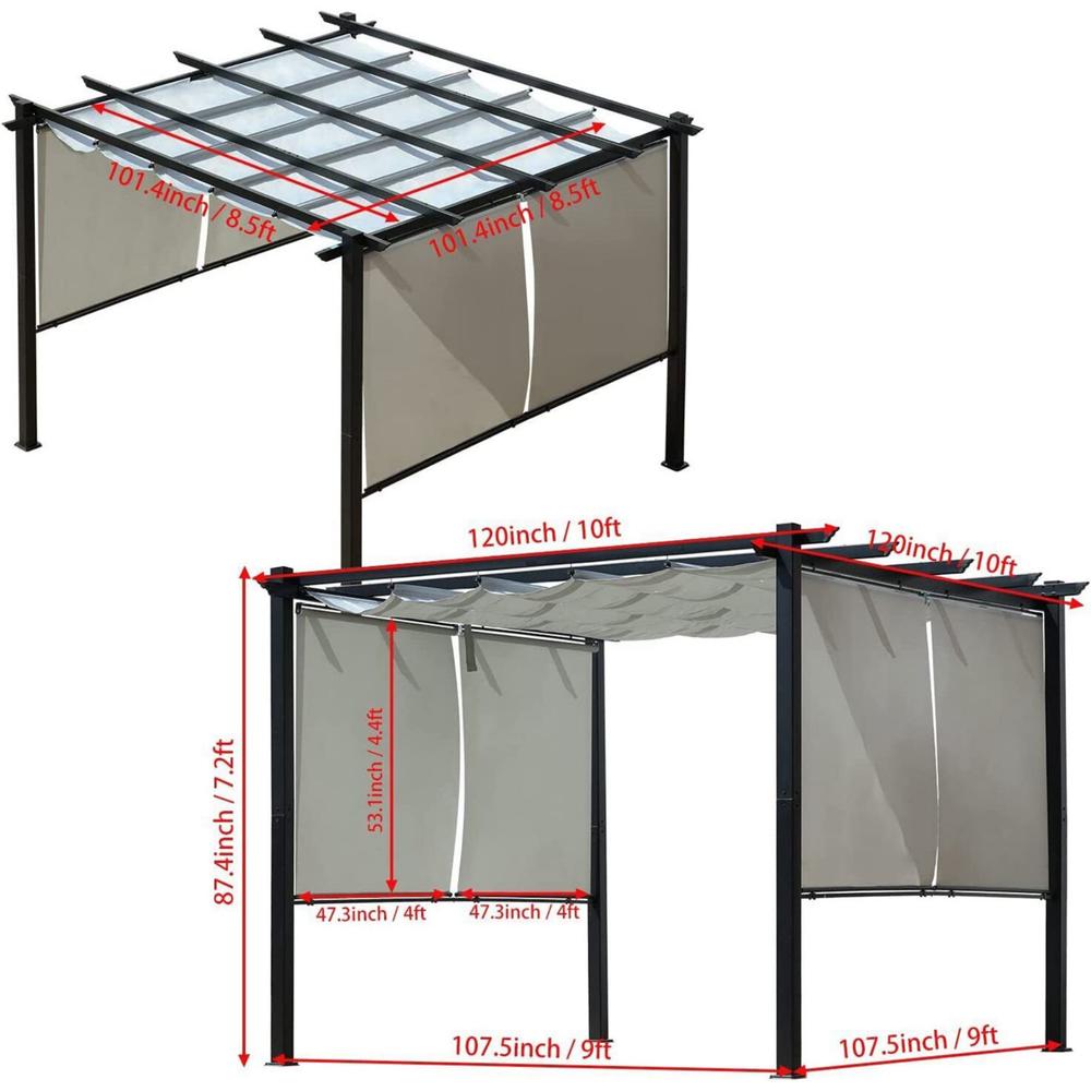 Aoodor 10 x 10 FT Outdoor Pergola with Retractable Shade Canopy, Dark Gray Matte Aluminum Frame-Light Gary