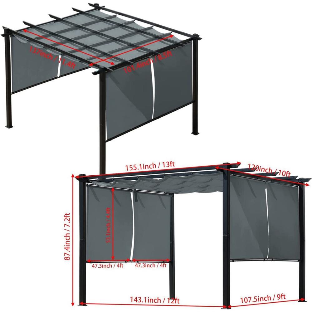 Aoodor 13 x 10 FT Outdoor Pergola with Retractable Shade Canopy, Dark Gray Matte Aluminum Frame - Light Gary
