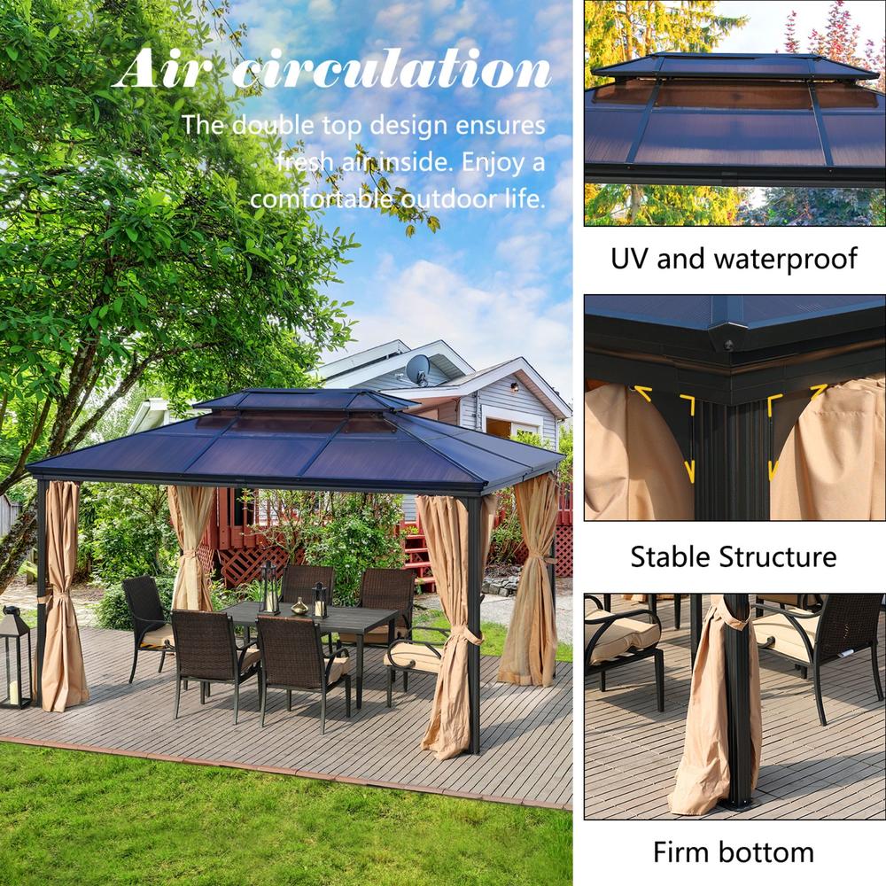 Aoodor 13 x 10 ft. Outdoor Aluminum Frame 2-Tier Polycarbonate Roof Gazebo, with Mosquito Netting and Curtains- Black